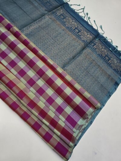 Handloom Kanchipuram Checks Pure Soft Silk Sarees With Silk Mark Certified